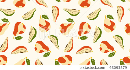 Beige-red pears with green leaves. Wholes and pieces. Bright color illustration with fruits. Seamless pattern for design, printed products, textiles. Autumn and summer motives. 68093879
