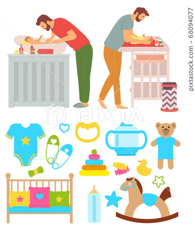 Father Washing Kid and Changing Diapers Vector 68094077