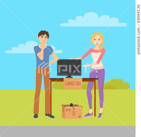 Man and Woman Selling Items at Garage Sale Vector Man and Woman Selling Items at Garage Sale Vector 68094136