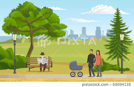 Happy young family with a baby in stroller walking in city park. Young parents on a walk in autumn Happy young family with a baby in stroller walking in city park. Young parents on a walk in autumn 68094138