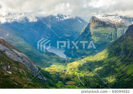 View to the Geiranger fjord with green valley 68094882