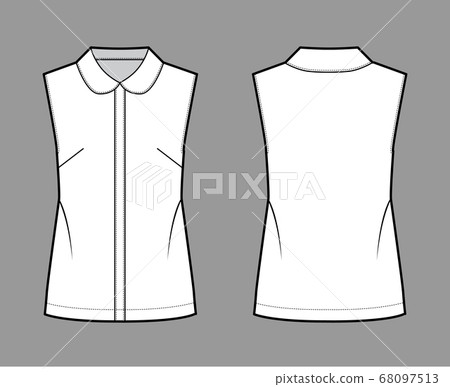Blouse technical fashion illustration with round collar, sleeveless, loose silhouette, front button fastenings. 68097513