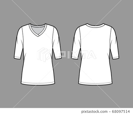 V-neck jersey sweater technical fashion illustration with elbow sleeves, oversized body, tunic length.  68097514