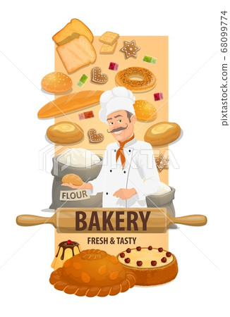 Bakery shop chef with bread and buns vector banner 68099774