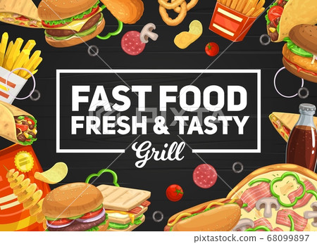 Fast food burger and hot dog, pizza and soda drink 68099897