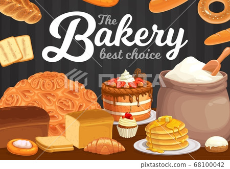 Bakery, bread pastry desserts cafe vector poster - Stock Illustration ...