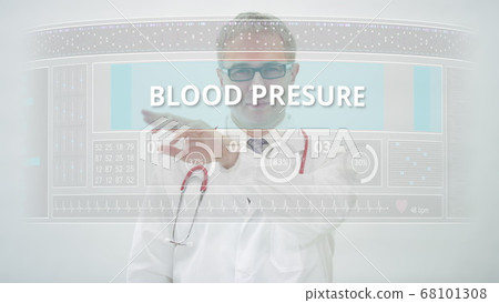 BLOOD PRESURE tab is scrolled by a doctor on a modern display 68101308