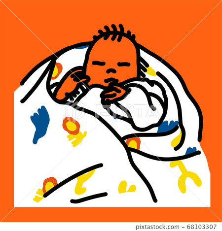 Orange Background-Illustration of a Baby Sleeping Wrapped in a Swaddle, Swaddle with Pattern 68103307