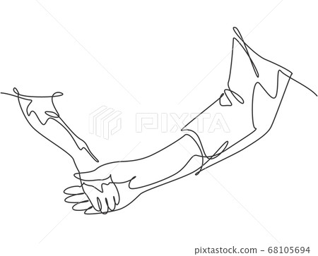 One line drawing of human hand holding dog leg with full of love. Friendship with pet animal concept 68105694