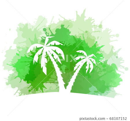 Summer banner with watercolor splashes and palm trees. 68107152