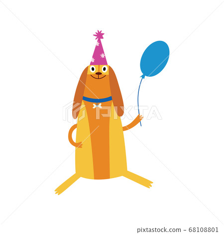 Plump puppy in the birthday party hat cartoon flat vector illustration isolated. Plump puppy in the birthday party hat cartoon flat vector illustration isolated. 68108801