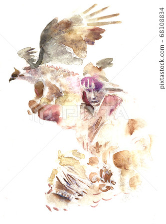 Hunter with a golden eagle. Drawing watercolor. Hunter with a golden eagle. Drawing watercolor. 68108834