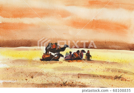Drawing watercolor. Camel caravan waiting for sandstorm Drawing watercolor. Camel caravan waiting for sandstorm 68108835