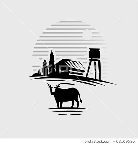 Cow on the background of the village. Cow on the background of the village. 68109550