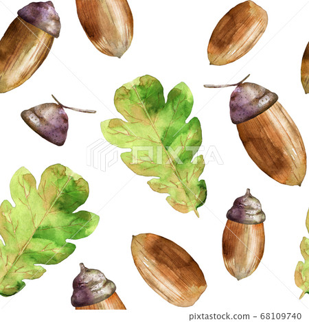 Watercolor autumn pattern with acorns or oaknuts 68109740