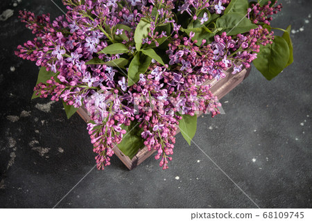 Lilac flowers bouquet on wooden box on black concrete background. Stylish floral greeting card. Happy mothers day. Lilac flowers bouquet on wooden box on black concrete background. Stylish floral greeting card. Happy mothers day. 68109745