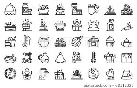 Sauna icons set, outline style Sauna icons set, outline style 68112325