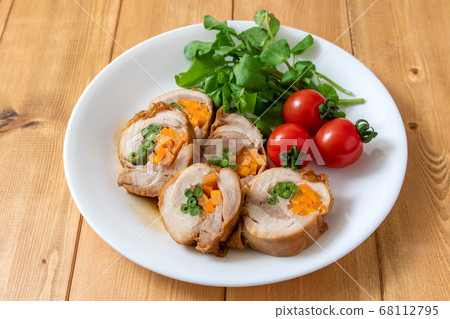 Chicken roll, watercress and tomato platter Chicken roll, watercress and tomato platter 68112795