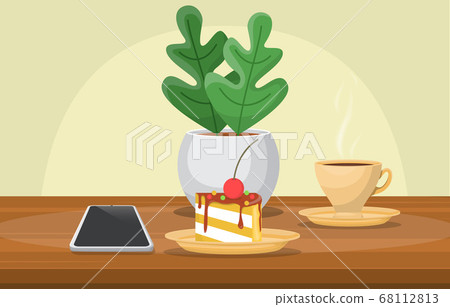 Cake Plant Cup of Coffee on Table Cafe Restaurant Cake Plant Cup of Coffee on Table Cafe Restaurant 68112813