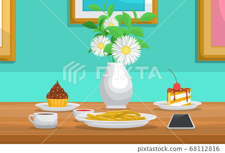 Cake Flower Cup of Coffee on Table Cafe Restaurant 68112816