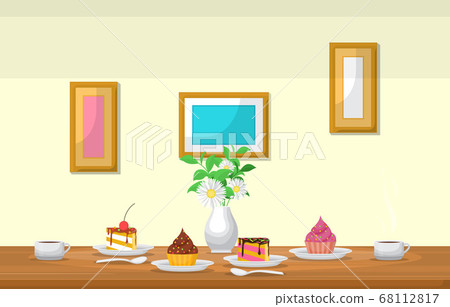 Cake Flower Cup of Coffee on Table Cafe Restaurant Cake Flower Cup of Coffee on Table Cafe Restaurant 68112817