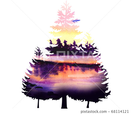 Watercolor landscape with mountains, blue sky, clouds, green glade with dandelion. Hand drawn nature european background. Painting countryside illustration 68114121