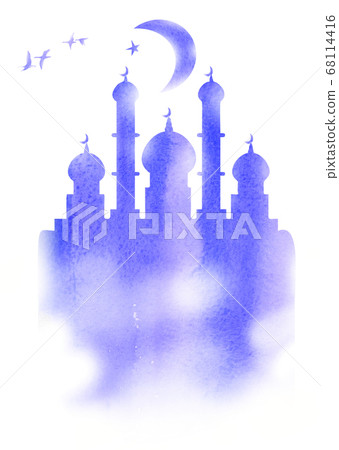 Ramadan kareem greeting islamic celebration dark blue patterns card background. Muslim old mosque. The silhouette stands out beautifully in the sky in which the birds fly and the crescent and star shi Ramadan kareem greeting islamic celebration dark blue patterns card background. Muslim old mosque. The silhouette stands out beautifully in the sky in which the birds fly and the crescent and star shi 68114416