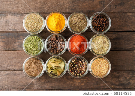 Various kinds of spices in bowls. Big collection. Top view 68114555
