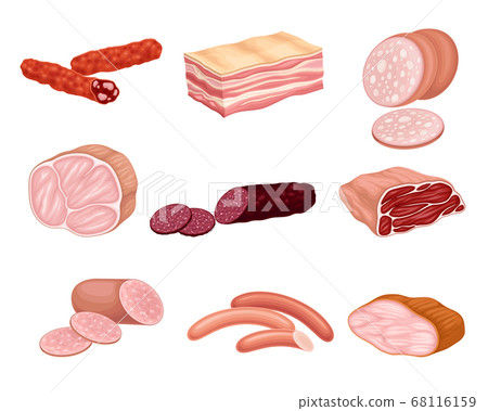 Meat Products with Salami, Bacon and Sausage Vector Set Meat Products with Salami, Bacon and Sausage Vector Set 68116159