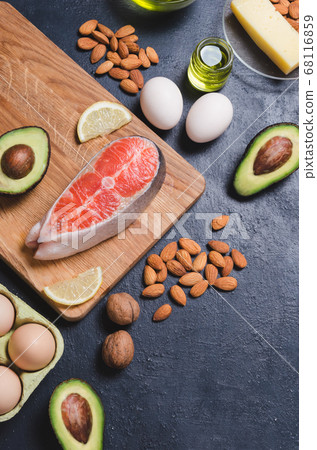Keto diet, low carb healthy food on black background Keto diet, low carb healthy food on black background 68116859