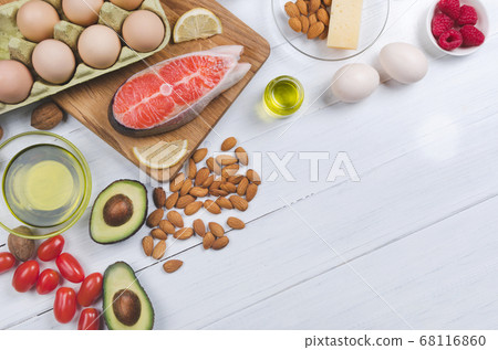 Keto diet, low carb healthy food on white background Keto diet, low carb healthy food on white background 68116860