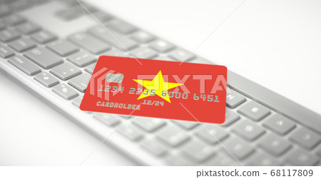 Credit card depicting flag of Vietnam on computer keyboard. Fictional numbers Credit card depicting flag of Vietnam on computer keyboard. Fictional numbers 68117809