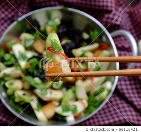 Vietnamese vegan cuisine, guava salad for non meat diet dry bread, seaweed, basil, delicious healthy vegetarian dish 68118421