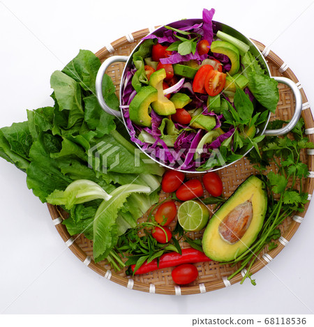 colorful raw materials for mixed vegetable, avocado salad, homemade diet food for weight loss  68118536
