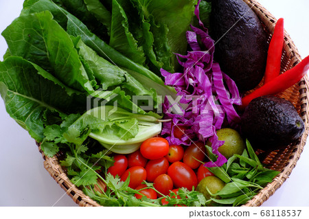 colorful raw materials for mixed vegetable, avocado salad, homemade diet food for weight loss  68118537