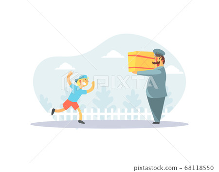 Happy Boy Running to Postman in Uniform Delivering Parcel Vector Illustration 68118550