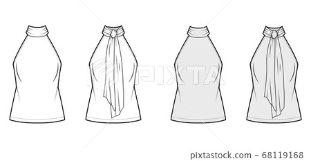 Halterneck top technical fashion illustration with semi-fitted body, ties pussy-bow at neck, sleeveless. Halterneck top technical fashion illustration with semi-fitted body, ties pussy-bow at neck, sleeveless. 68119168