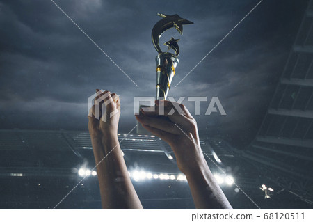 Award of victory, male hands tightening the cup of winners against cloudy dark sky Award of victory, male hands tightening the cup of winners against cloudy dark sky 68120511