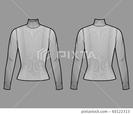 Turtleneck ribbed-knit sweater technical fashion illustration with long sleeves, close-fitting shape.  68122313