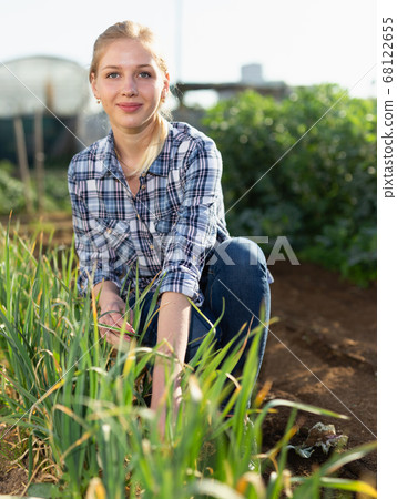Smiling young girl gardener picking green onion in garden 68122655