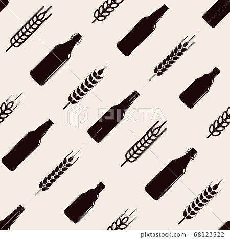 Seamless pattern of bottles of beer and wheat, ornamental rapport, vector illustration 68123522