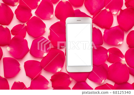 Mobile phone and dark rose petal on pink background 68125340