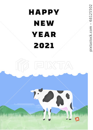 New Year's card postcard template Illustration of Holstein in the ranch, oxen year 2021 New Year's card postcard template Illustration of Holstein in the ranch, oxen year 2021 68125502