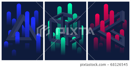 Impossible geometric shapes and color gradient lines, set of flyers and brochures, optical illusion vector abstract background 68126545