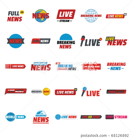 News live breaking label icons set, flat style 68126892