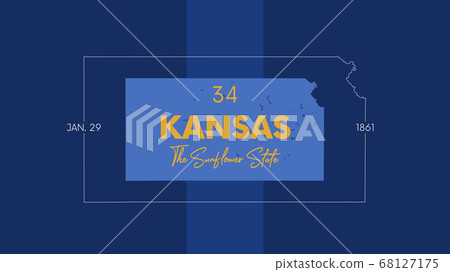 34 of 50 states of the United States with a name, nickname, and date admitted to the Union, Detailed Vector Kansas Map for printing posters, postcards and t-shirts 34 of 50 states of the United States with a name, nickname, and date admitted to the Union, Detailed Vector Kansas Map for printing posters, postcards and t-shirts 68127175