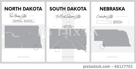 Vector posters with highly detailed silhouettes of maps of the states of America, Division West North Central - North Dakota, South Dakota, Nebraska - set 7 of 17 Vector posters with highly detailed silhouettes of maps of the states of America, Division West North Central - North Dakota, South Dakota, Nebraska - set 7 of 17 68127701