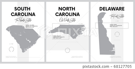Vector posters with highly detailed silhouettes of maps of the states of America, Division South Atlantic - South Carolina, North Carolina, Delaware - set 9 of 17 68127705