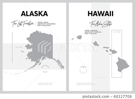 Vector posters with highly detailed silhouettes of maps of the states of America, Division Pacific - Alaska, Hawaii - set 17 of 17 68127708