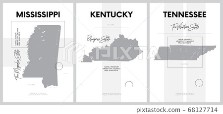 Vector posters with highly detailed silhouettes of maps of the states of America, Division East South Central - Mississippi, Kentucky, Tennessee - set 11 of 17 68127714